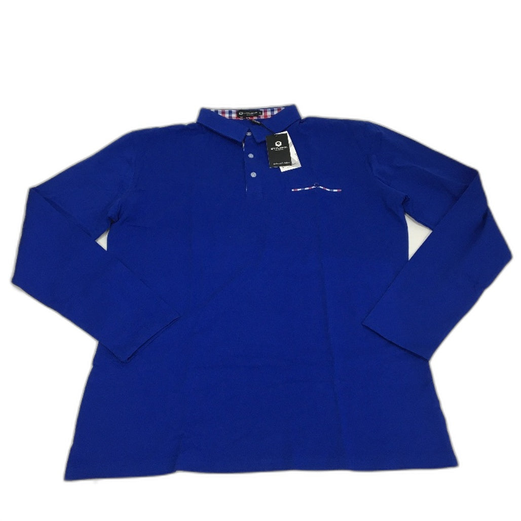 STTLZMC Blue Cotton Long Sleeve Slim Polo Shirt Contrast Plaid Collar Men Sz 2XL