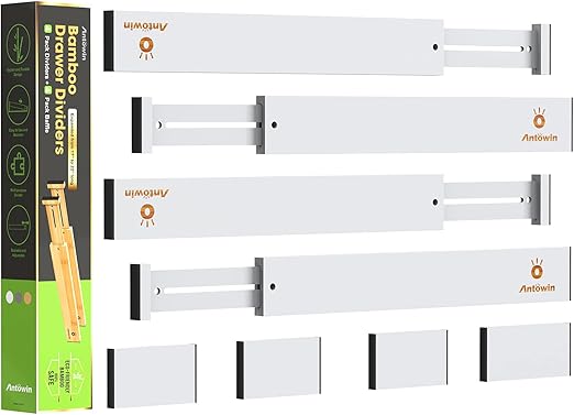 Antowin 8 Piece Scalable and Adjustable Bamboo Drawer Dividers in White NEW