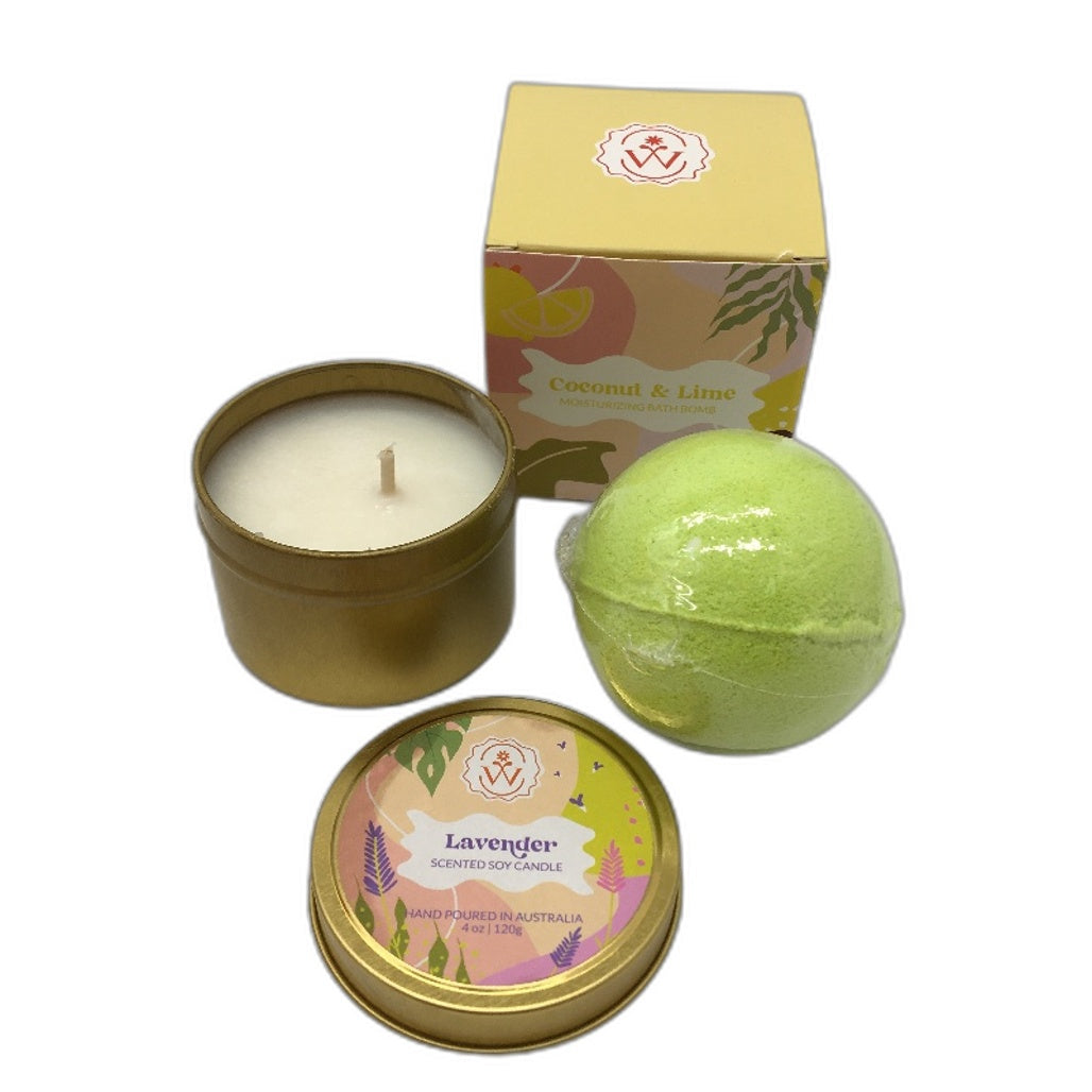 Wick & Wish Spa Gift Box Scented Candle Goat Milk Soap Bath Bomb NEW