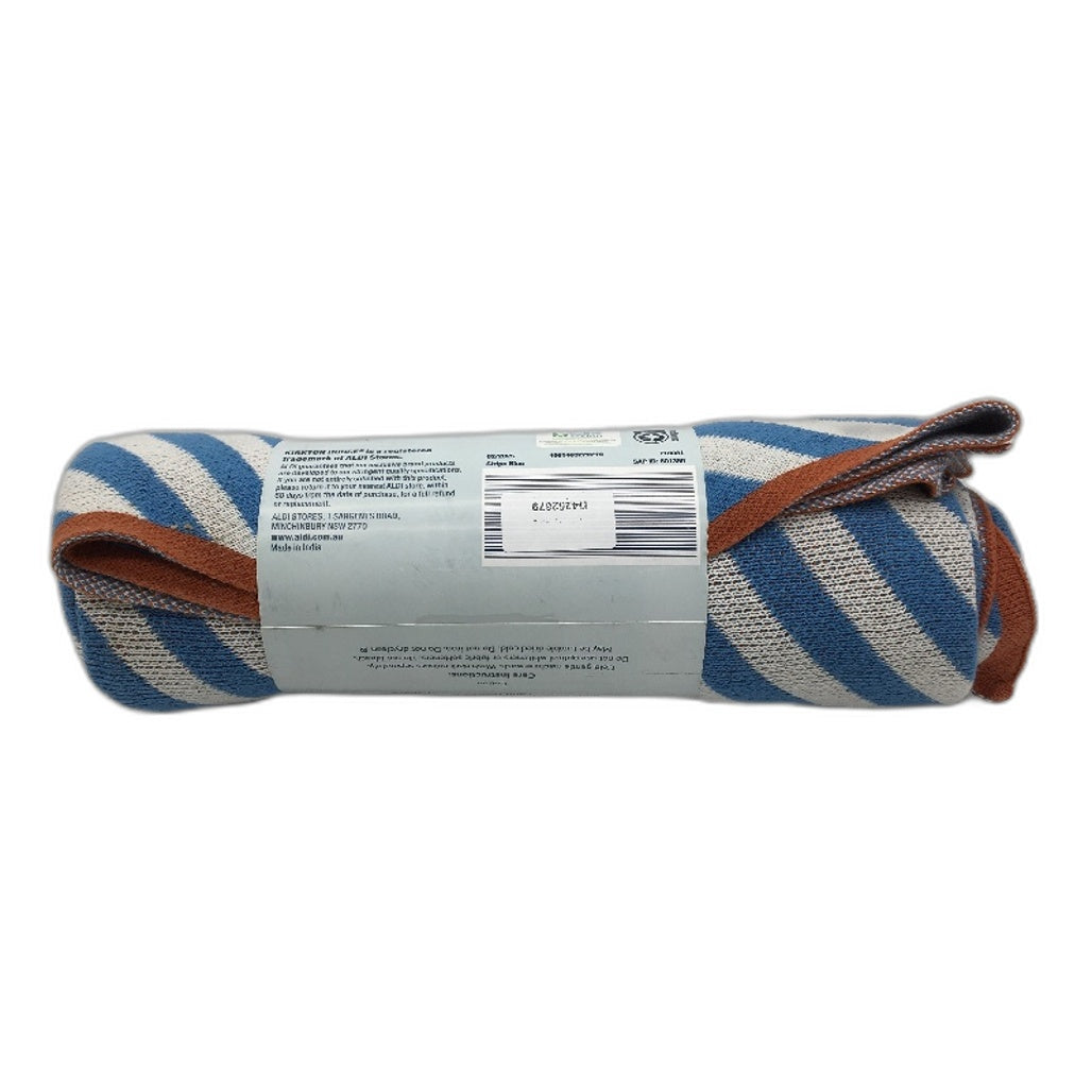 Kirkton House Jacquard Stripe Blue Knitted Cotton Throw 100cm x 120cm NEW