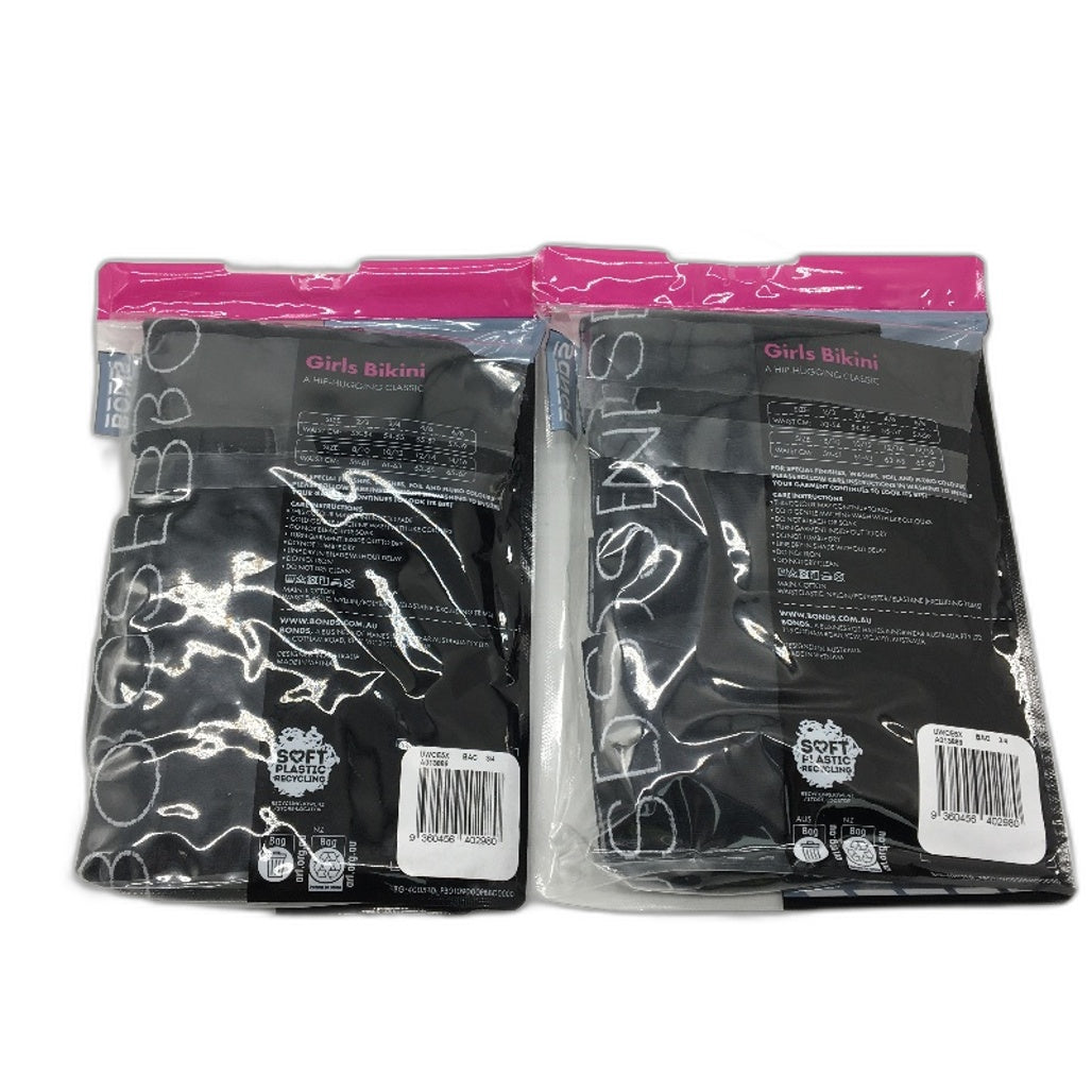 Bonds 2 x 5pk Soft Cotton Bikini Black Classic Underwear Girls Size 3-4 NEW