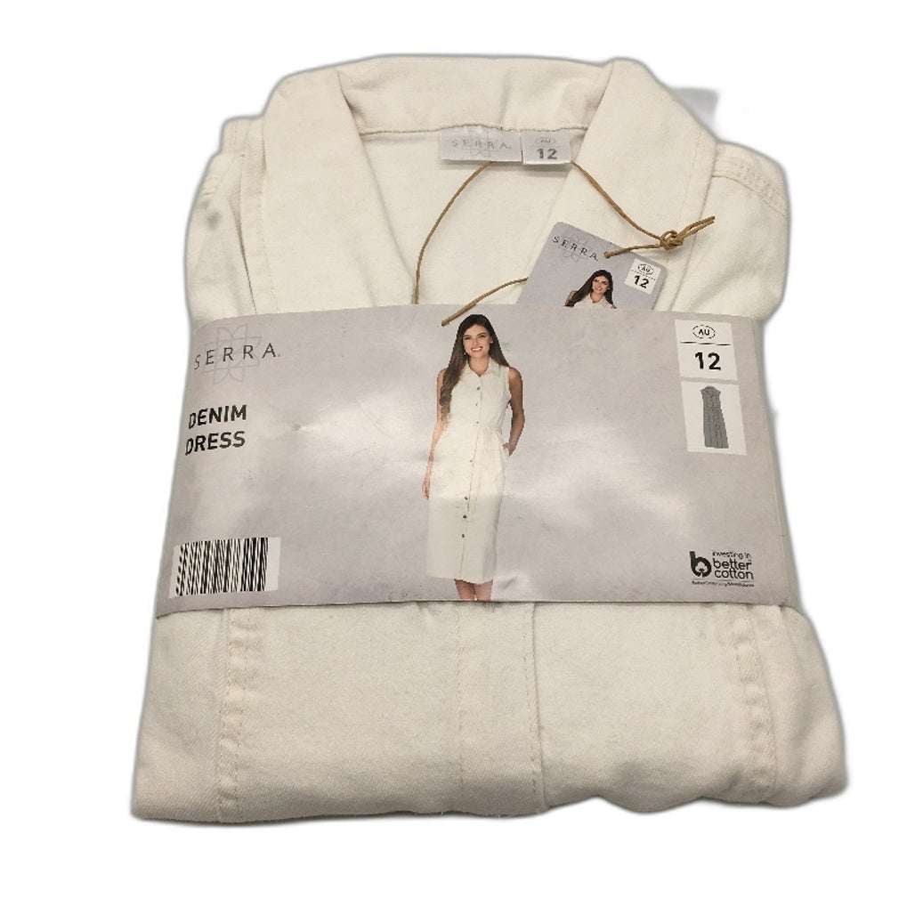 Serra White Button Up Tie Waist Longline Denim Dress Ladies Size 12 NEW