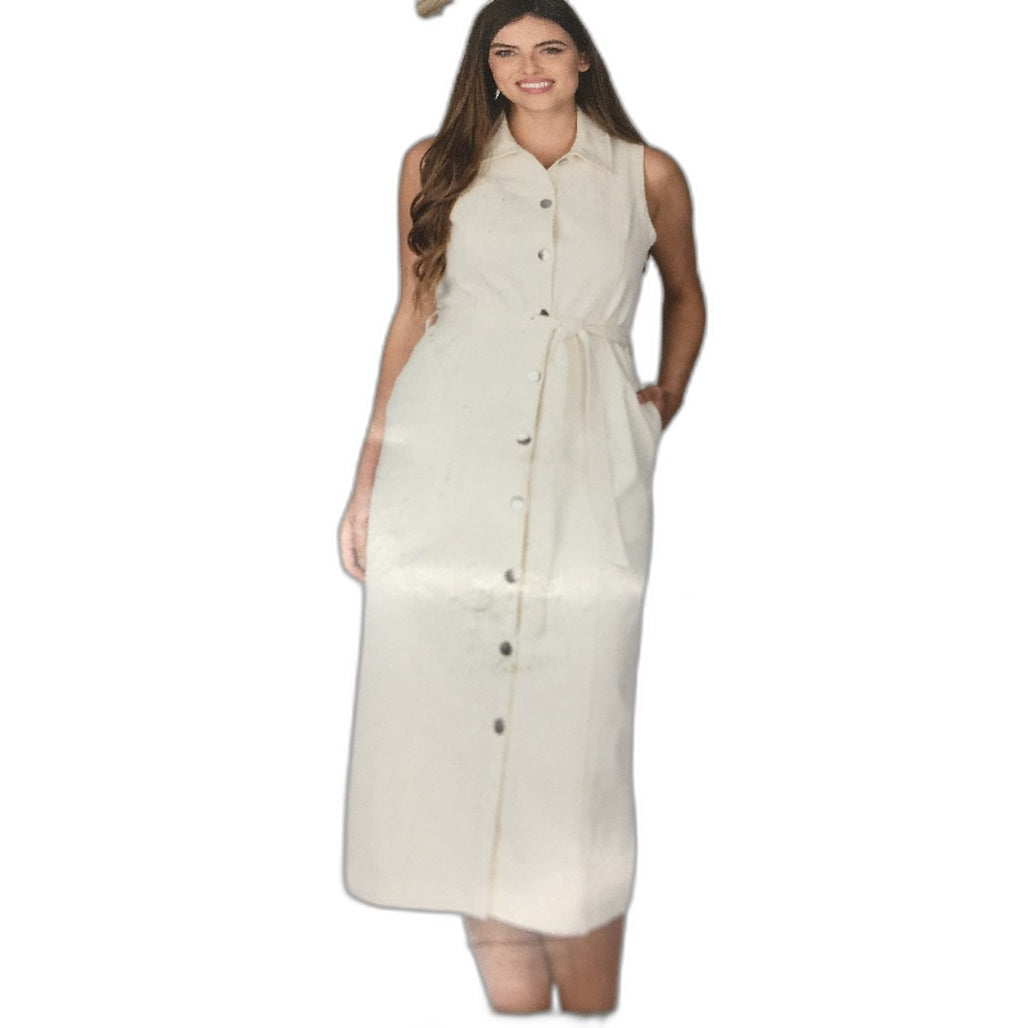 Serra White Button Up Tie Waist Longline Denim Dress Ladies Size 12 NEW