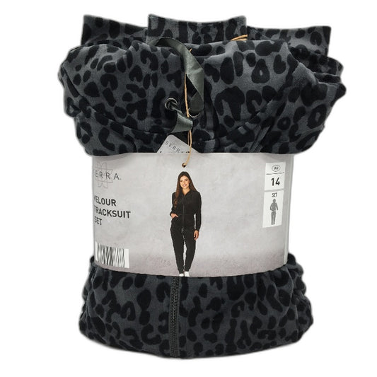 Serra Soft Velour Grey Animal Print Hooded Tracksuit Set Ladies Size 14 NEW