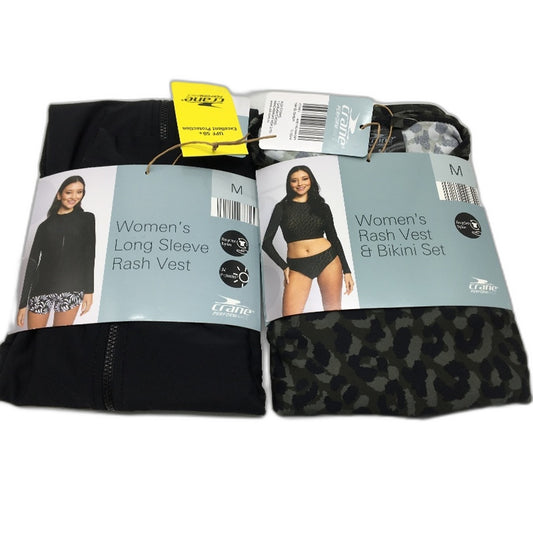 Crane 2 Pack Black & Camo Bikini Set & Long Sleeve Rash Vest Ladies Size M NEW