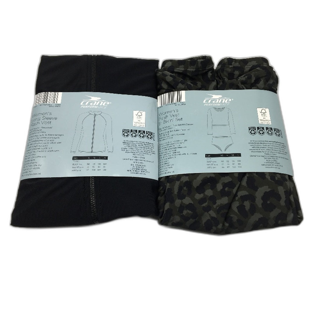 Crane 2 Pack Black & Camo Bikini Set & Long Sleeve Rash Vest Ladies Size M NEW