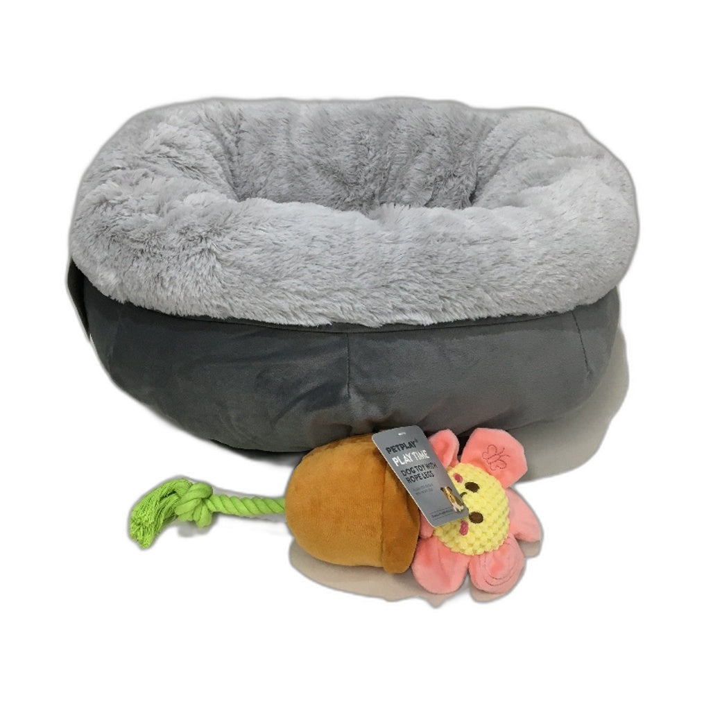 Petplay Soft Plush Snuggle Small Pet Dog Cat Grey Bed & Flower Pet Cable Toy NEW