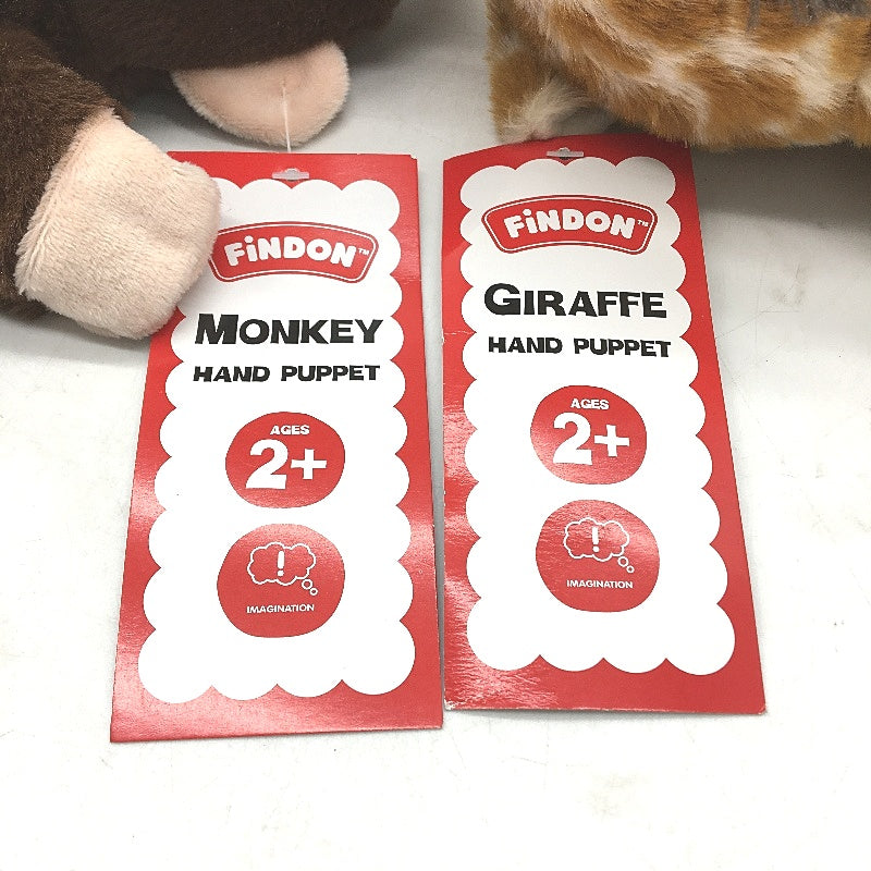 Findon 2 Pack Giraffe & Monkey Soft Fluffy Plush Hand Puppet Toy Kids Age 2+ NEW