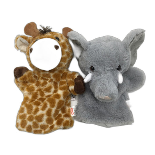 Findon 2 Pack Giraffe & Elephant Fluffy Plush Hand Puppet Toy Kids Age 2+ NEW