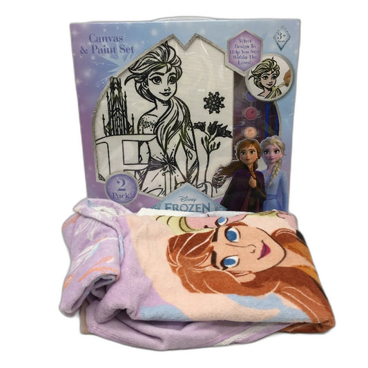 Disney Frozen Elsa Anna Canvas Paint Tubs Colouring Set & Kids Hooded Bath Towel