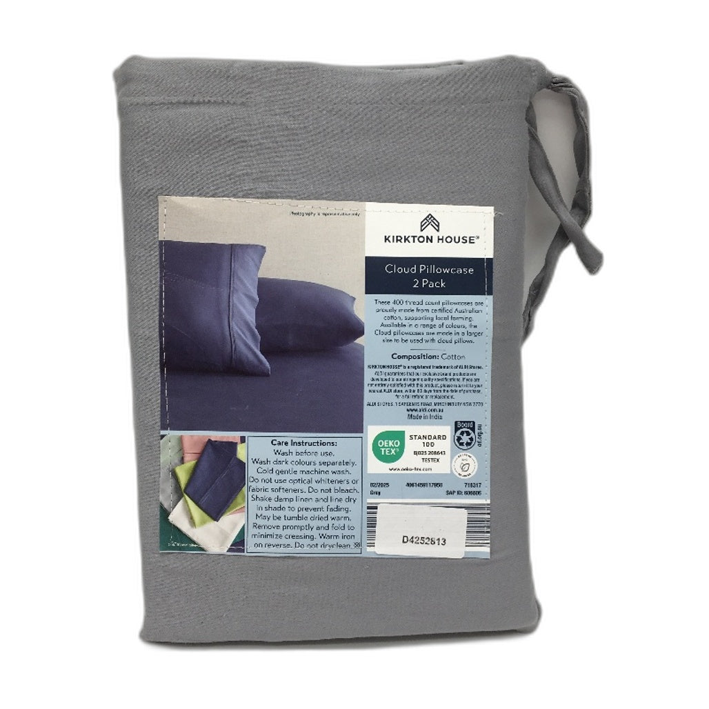 Kirkton House 2 Piece Silver Grey 400TC 100% Cotton Cloud Pillowcases NEW