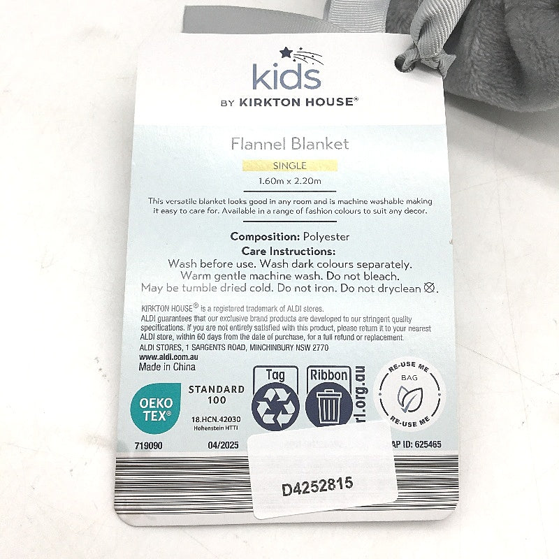 Kirkton House Grey Flannel Blanket In Storage Bag SINGLE Size 1.6m x 2.2m NEW