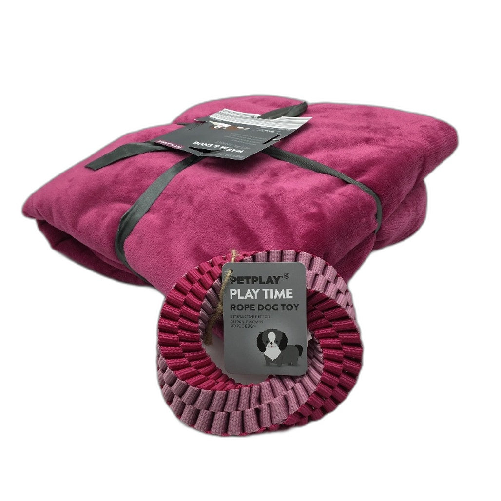 Petplay Sherpa & Flannel Reversible Pet Blanket 100 x 120cm & Rope Pet Toy NEW