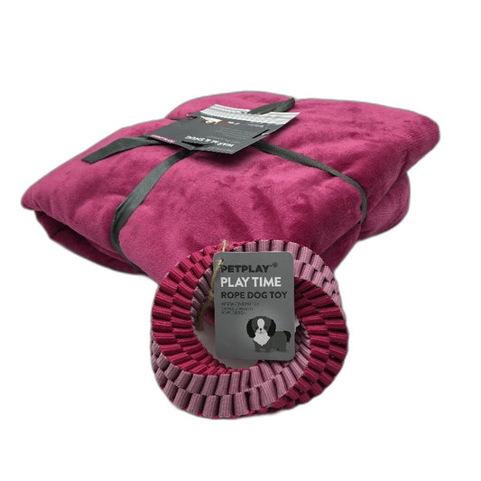 Petplay Sherpa & Flannel Reversible Pet Blanket 100 x 120cm & Rope Pet Toy NEW