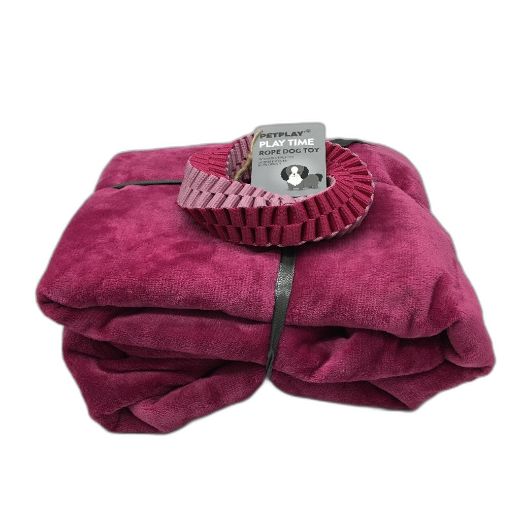 Petplay Sherpa & Flannel Reversible Pet Blanket 100 x 120cm & Rope Pet Toy NEW