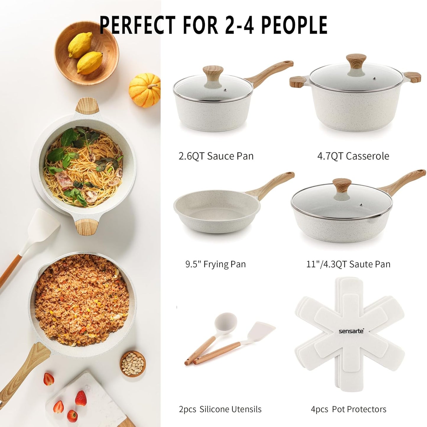 Sensarte Non Stick Ceramic Cookware 13Pce Set All Hobs White PFAA PFOA Free NEW