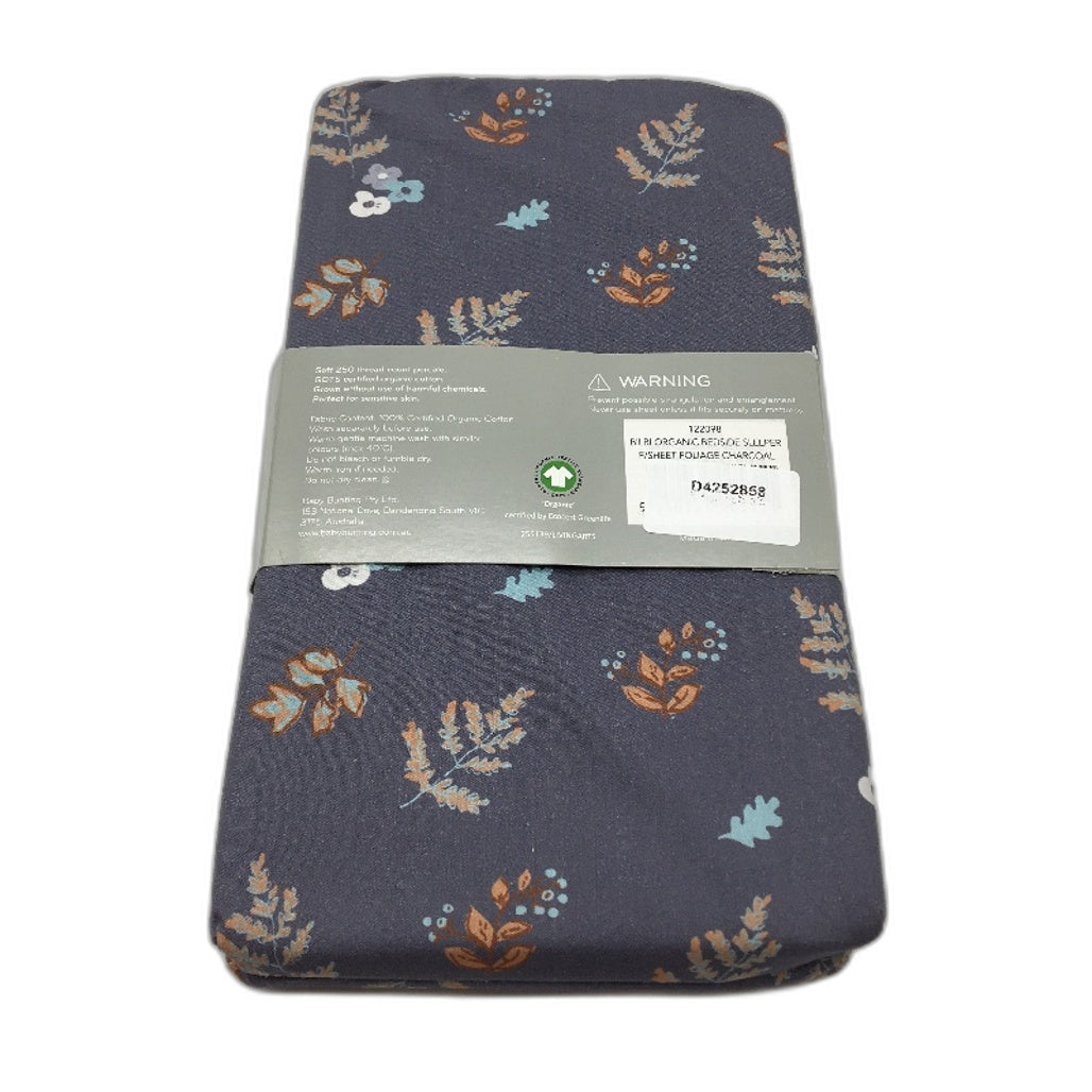 Bilbi Organic 250TC Cotton Bedside Sleeper Fitted Sheet Foliage Charcoal NEW