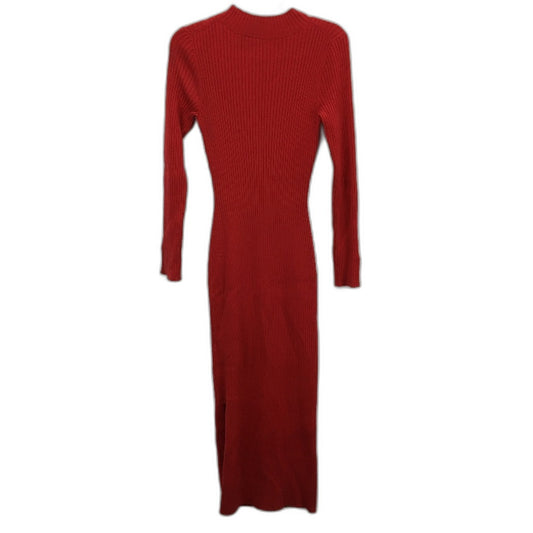 Midi Dress Red Ribbed High Neck Split Stretchy Long Sleeve Ladies Size M NEW