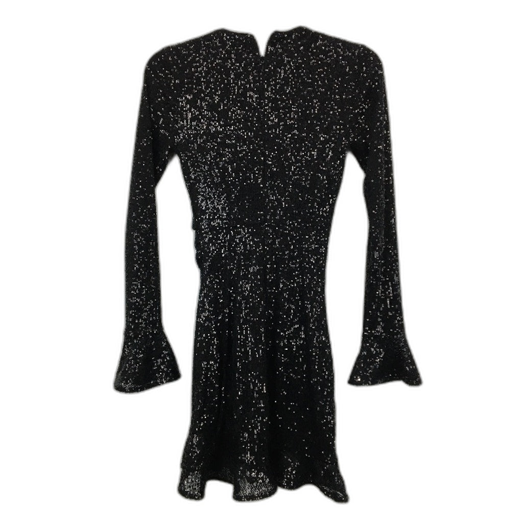 Ever New Black Sequin Long Sleeve Ruffle Trim Mini Dress Ladies Size AU 4 NEW