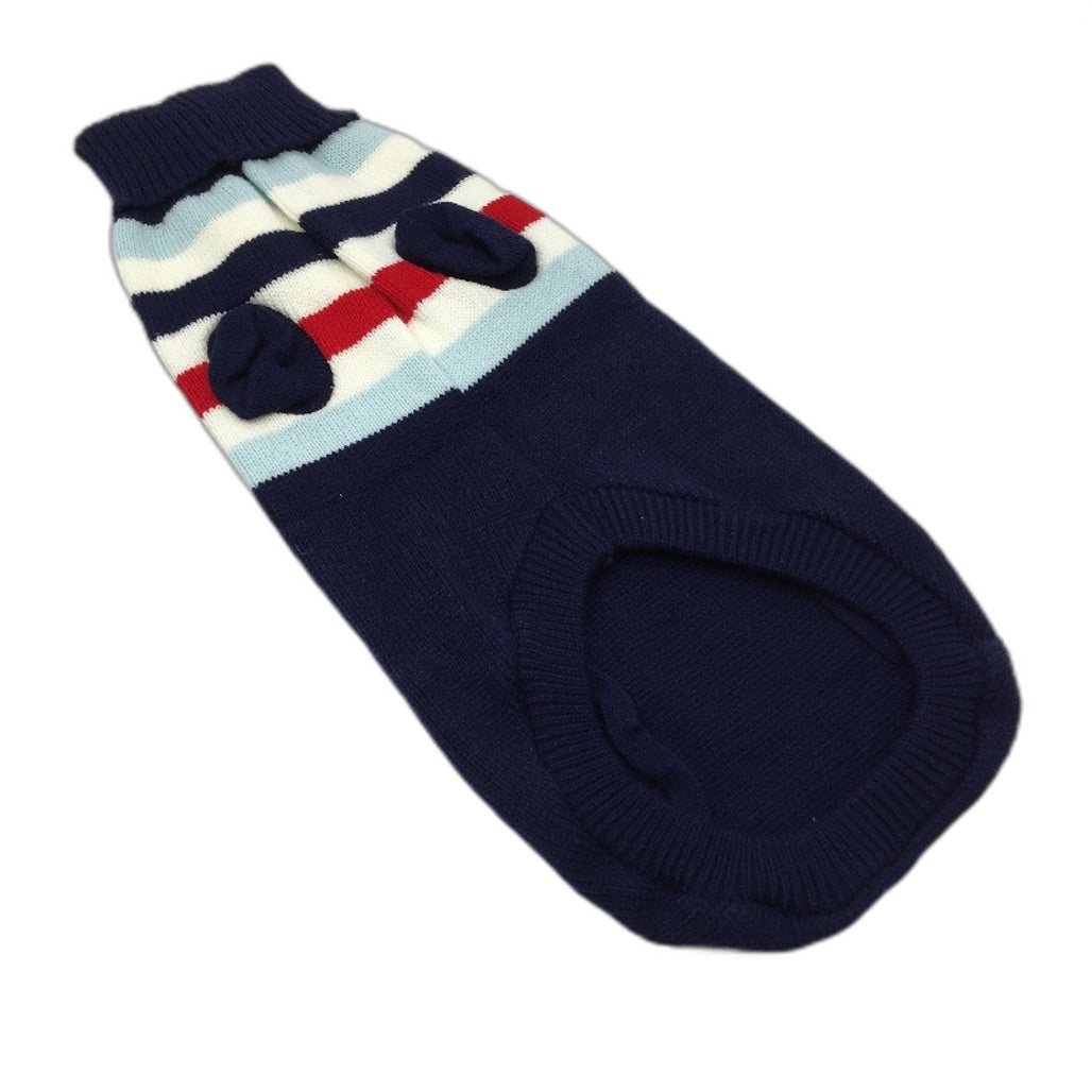 Milo & Mink Navy, White & Red Knit Striped Turtleneck Winter Dog Jumper Size M