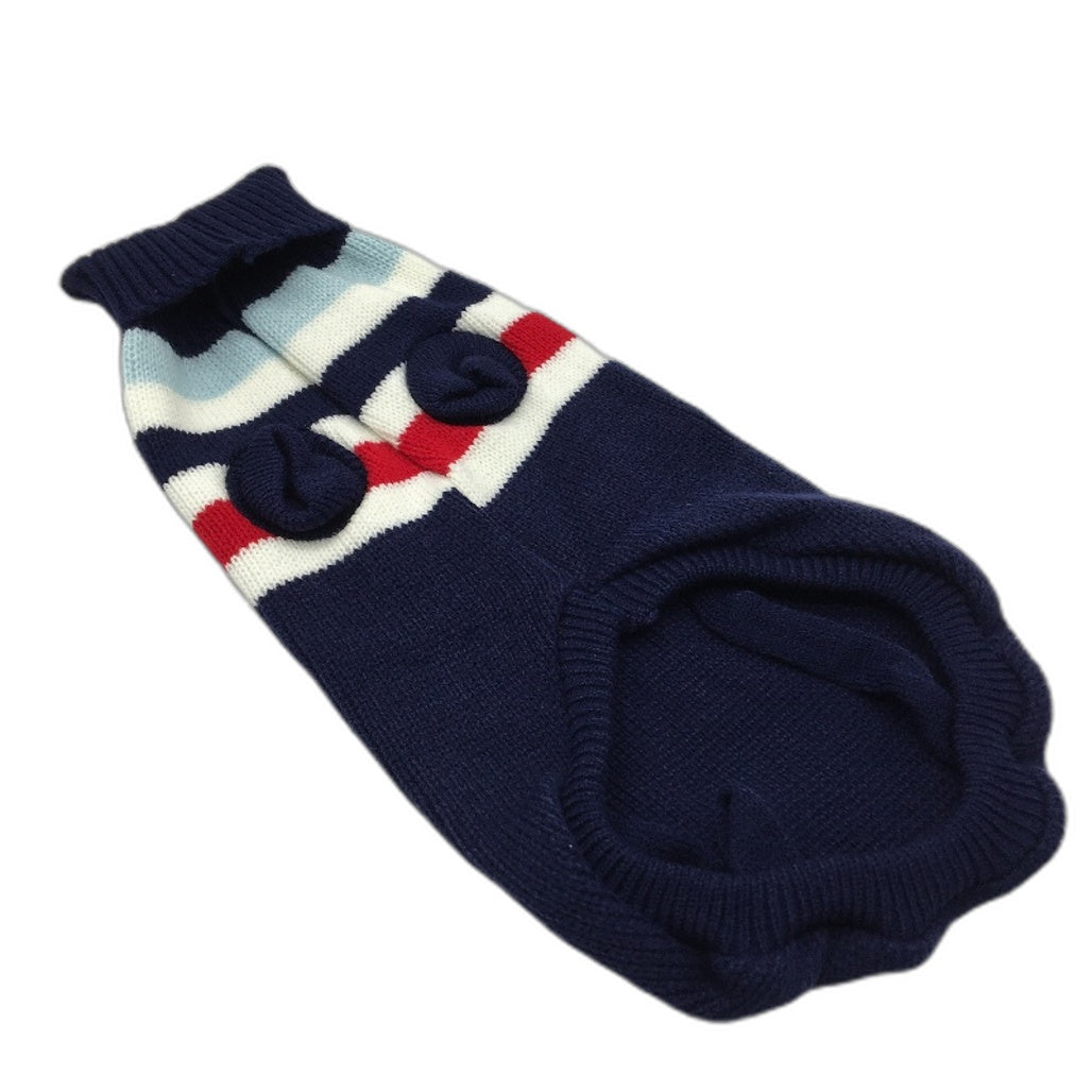 Milo & Mink Navy, White & Red Knit Striped Turtleneck Winter Dog Jumper Size 3XS
