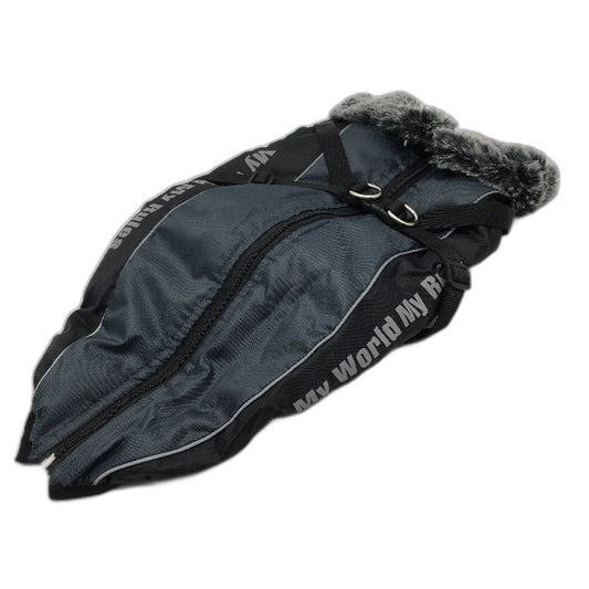 Doggy Waterproof Vest Grey & Navy Winter Coat Dog Jumper Harness Size M