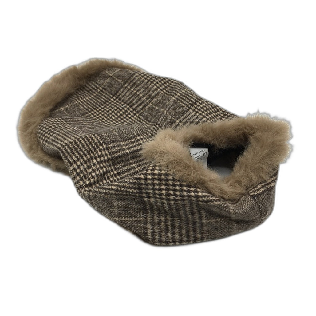 Milo & Mink Brown Plaid Faux Fur Trim Dog Coat Harness With Hat & Leash Size S