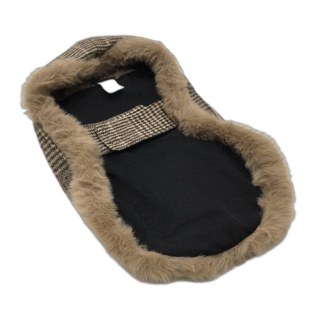 Milo & Mink Brown Plaid Faux Fur Trim Dog Coat Harness With Hat & Leash Size S