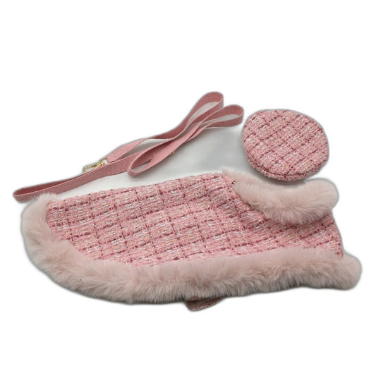 Milo & Mink Pink Textured Faux Fur Trim Dog Coat Harness With Hat&Leash Size XXS