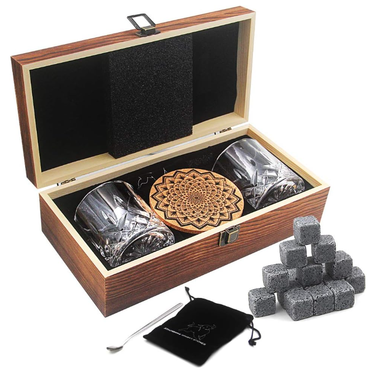 Ayaoqiang Whiskey Stones Glass Gift Set Premium Wooden Box Chilling Rocks NEW