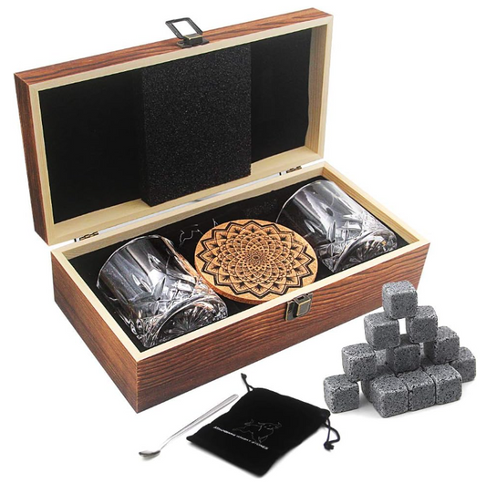 Ayaoqiang Whiskey Stones Glass Gift Set Premium Wooden Box Chilling Rocks NEW