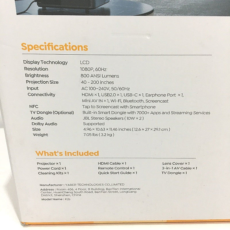 Yaber Smart Projector K2S 800 Ansi Lumens Alexa Compatible 1080p 60Hz NEW