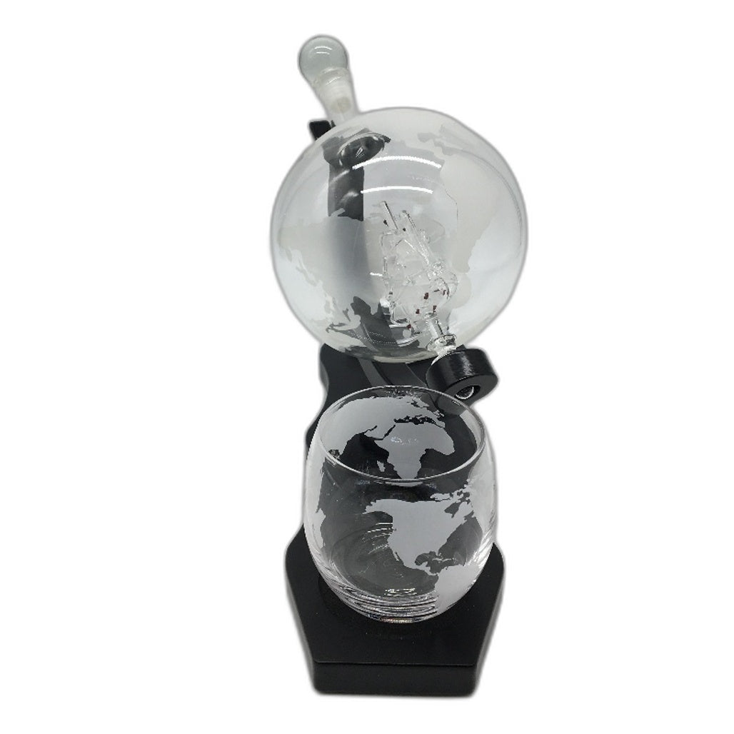 The Wine Savant Antique Ship Whiskey & Wine Globe Decanter 2 Whiskey Glasses NEW