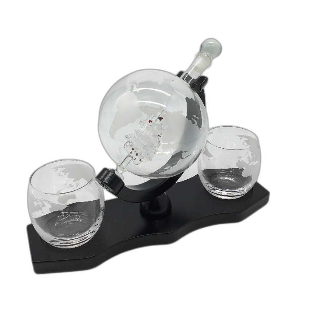The Wine Savant Antique Ship Whiskey & Wine Globe Decanter 2 Whiskey Glasses NEW