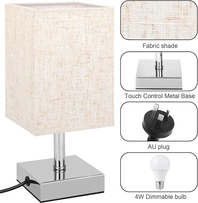 Kinsdan Small Touch Control LED Bedside Table Lamp With Flaxen Fabric Shade NEW