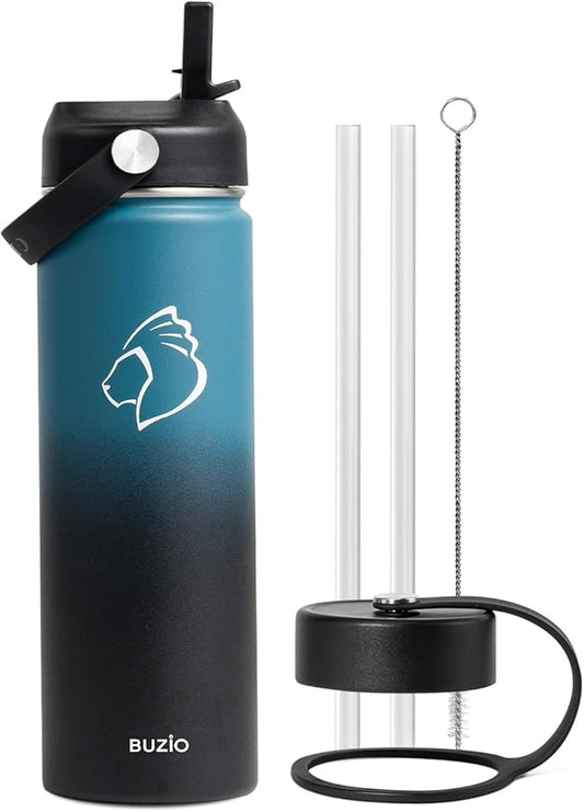 BUZIO 22Oz Insulated Vacuum Stainless Steel Water Bottle With Straw Lid Flex Cap