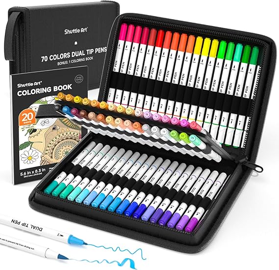 Shuttle Art 70 Colours Dual Felt Tip Brush Fine Tip Pens Markers Colouring Book