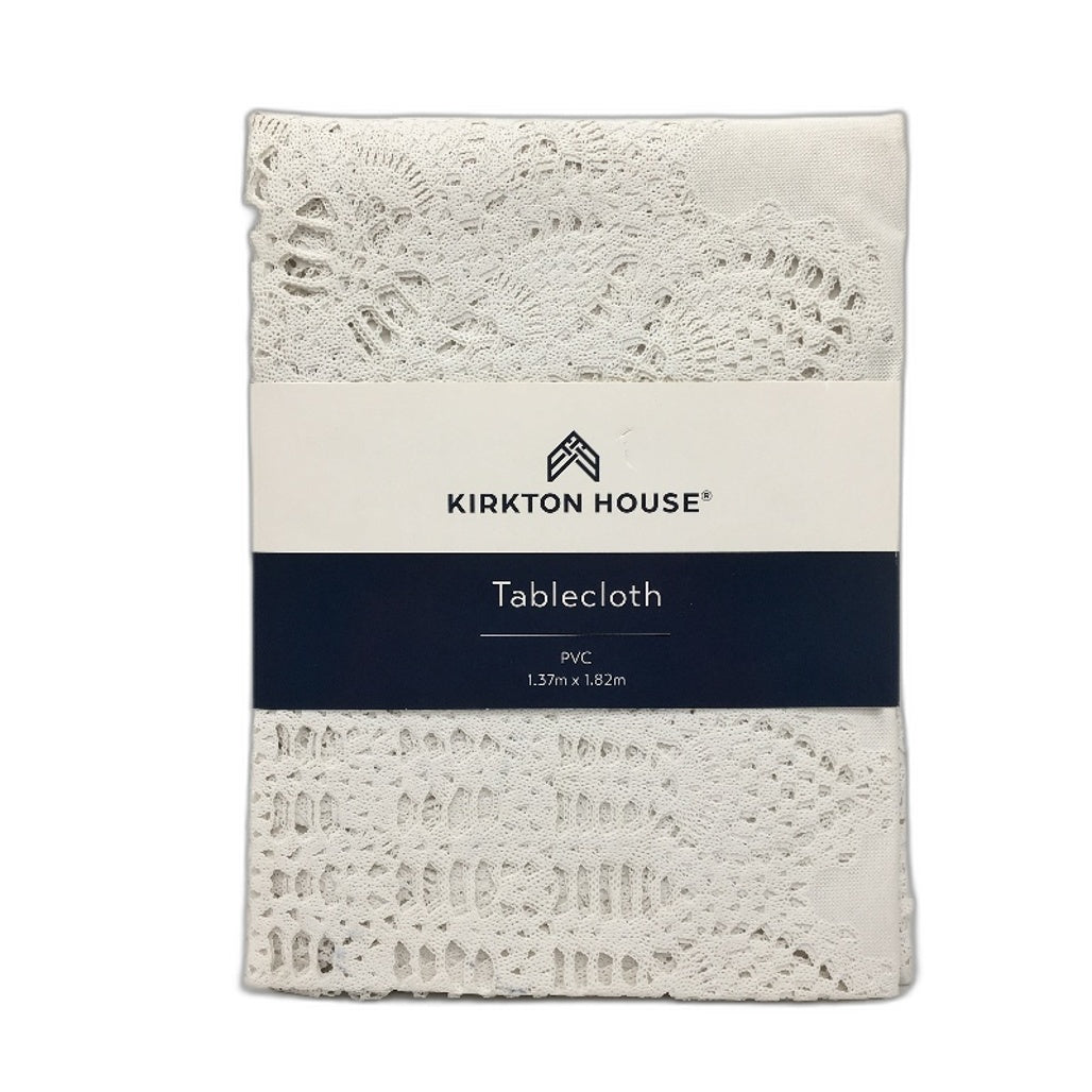 Kirkton House Bright White Lacework PVC Tablecloth 137 x 182cm NEW