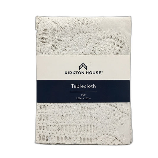 Kirkton House Bright White Lacework PVC Tablecloth 137 x 182cm NEW