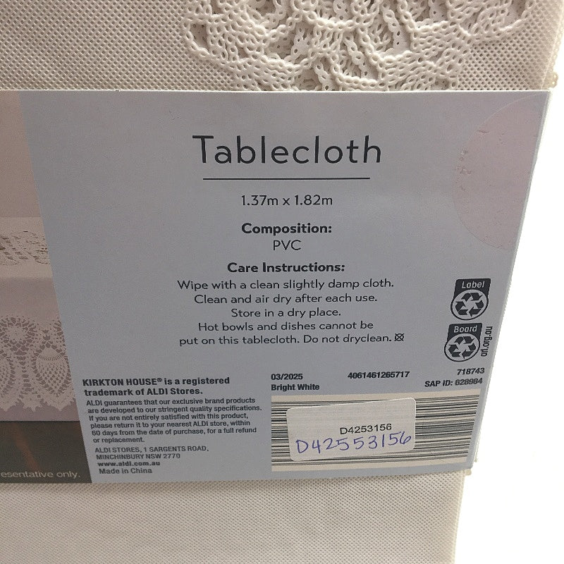 Kirkton House Bright White Lacework PVC Tablecloth 137 x 182cm NEW
