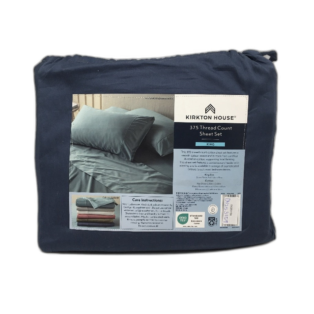 Kirkton House 375 Thread Count Vintage Indigo Cotton Sheet Set King Size Bed NEW