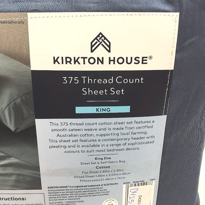 Kirkton House 375 Thread Count Vintage Indigo Cotton Sheet Set King Size Bed NEW