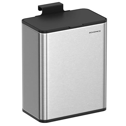SONGMICS 8L Space Saving Hanging Steel Bin Trash Can in Silver LTB810E08 NEW