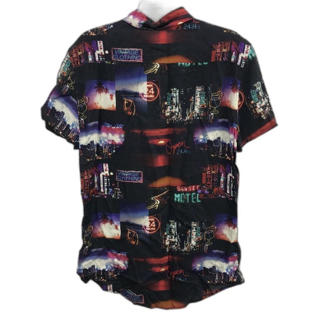 Kenji Black City Neon Life Design Button Regular Fit Summer Shirt Mens Sz M NEW