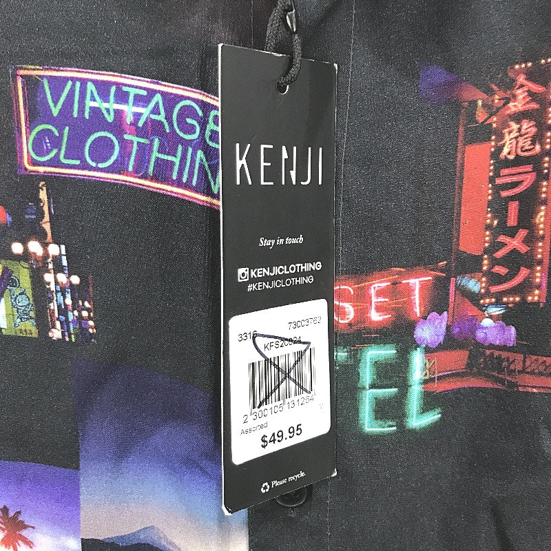 Kenji Black City Neon Life Design Button Regular Fit Summer Shirt Mens Sz M NEW
