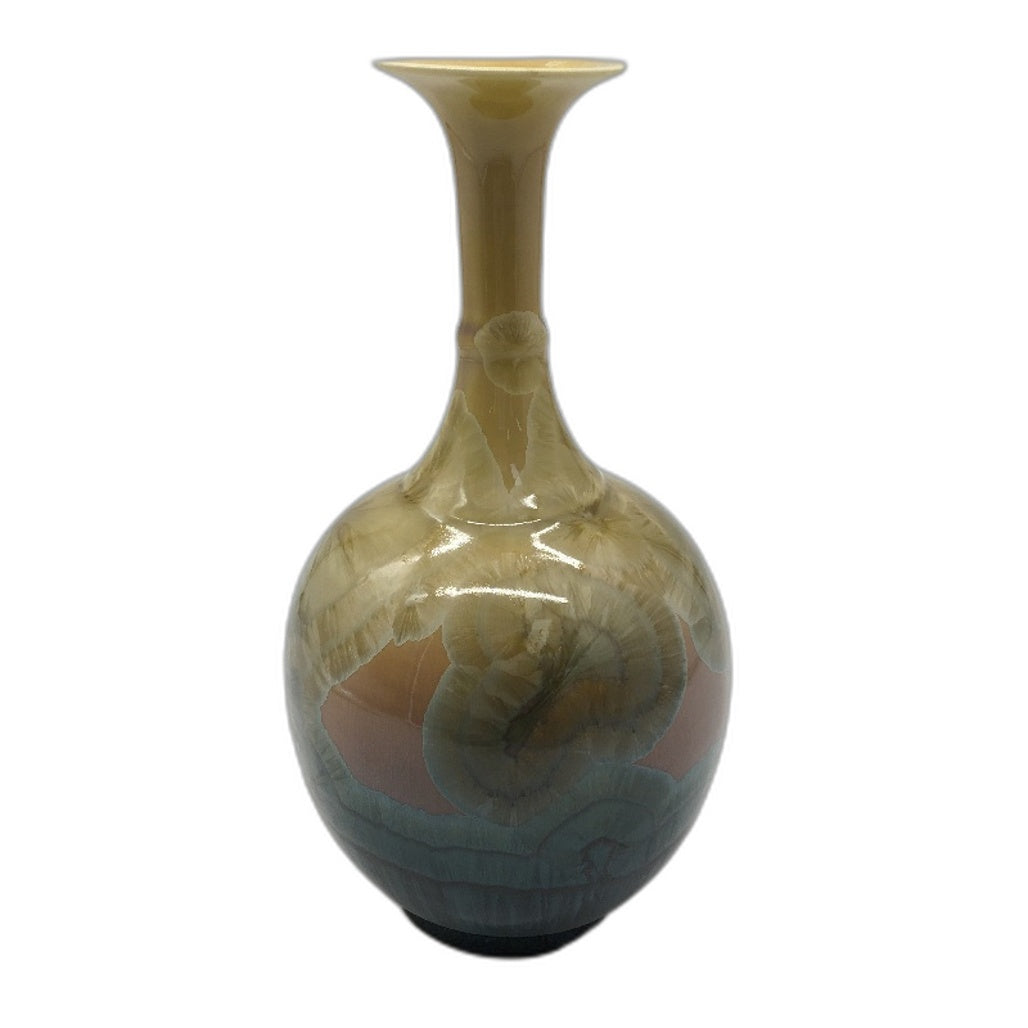 VINTAGE Unique Flower Imprint 2 Tone Khaki & Blue Glase Bud Vase 21cm