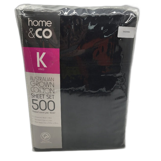 Home & Co Austalian Grown Cotton 500TC Fitted Sheet Set Black KING Size NEW