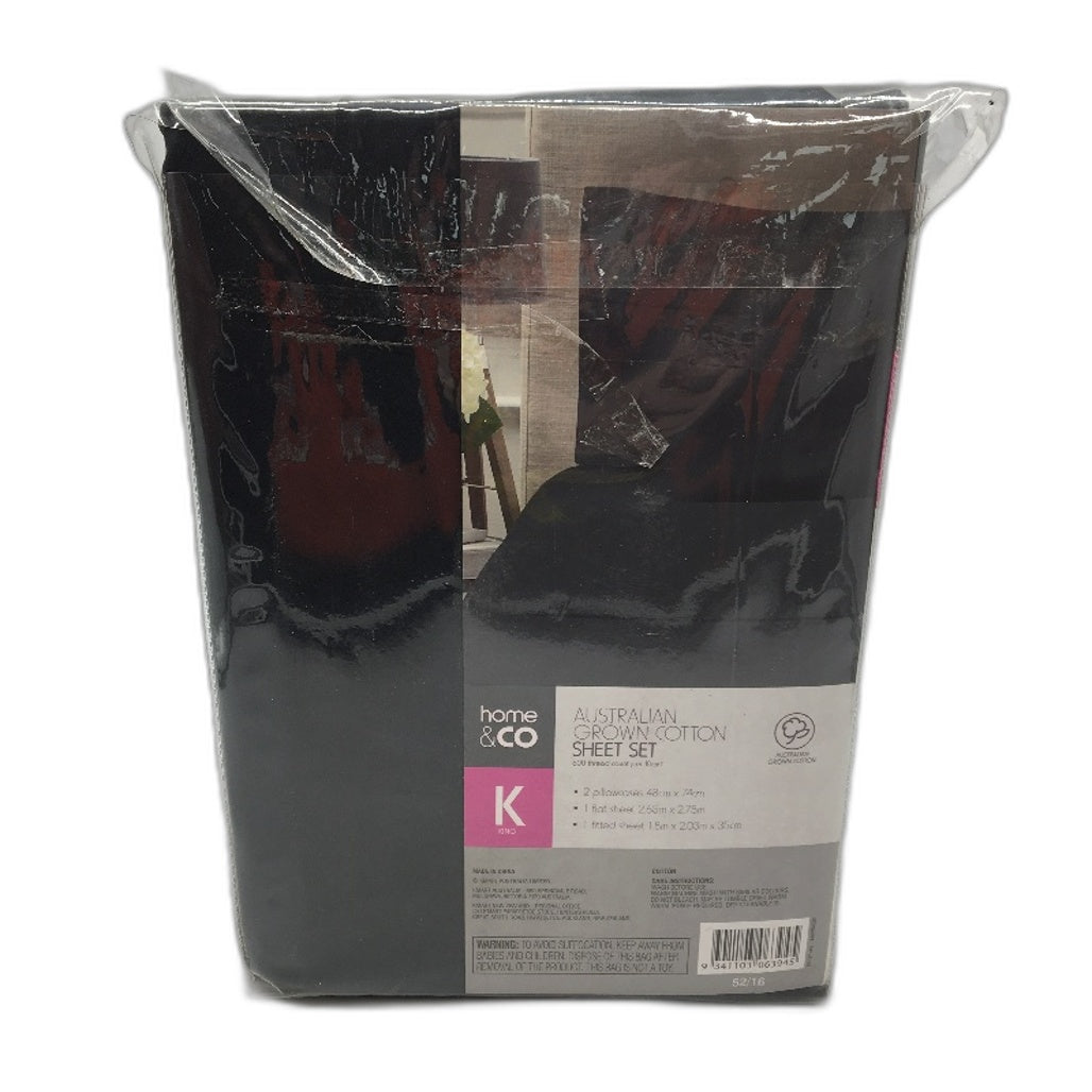 Home & Co Austalian Grown Cotton 500TC Fitted Sheet Set Black KING Size NEW