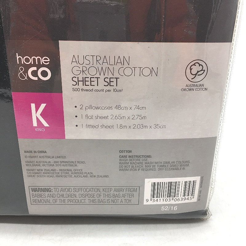 Home & Co Austalian Grown Cotton 500TC Fitted Sheet Set Black KING Size NEW