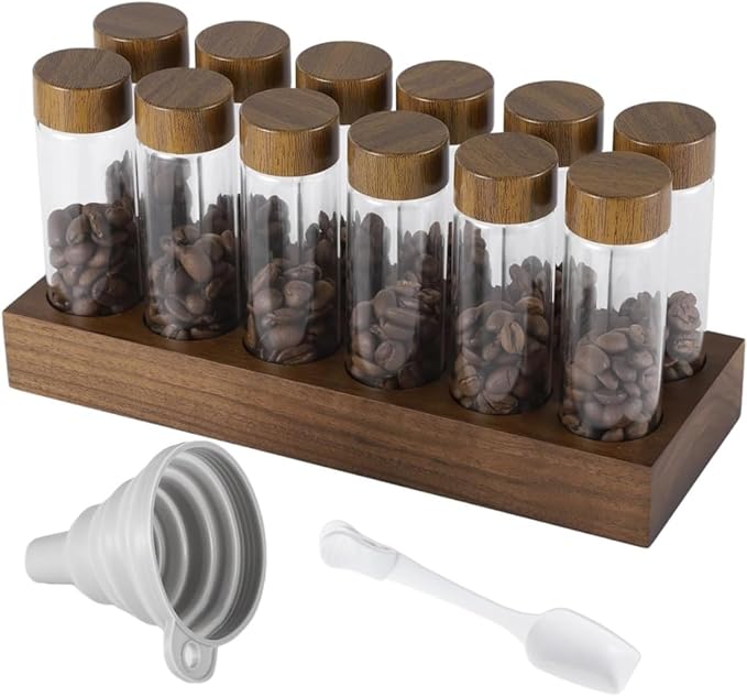 12 Piece Single Dose Coffee Beans Glass Tube Set with Wooden Stand NEW
